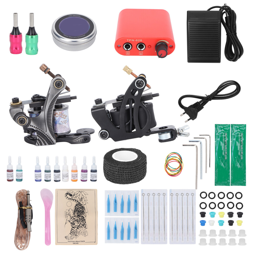 (EU Plug) Tattoo Machine Kit Shader Liner Coil Starter 90-265V EU Plug