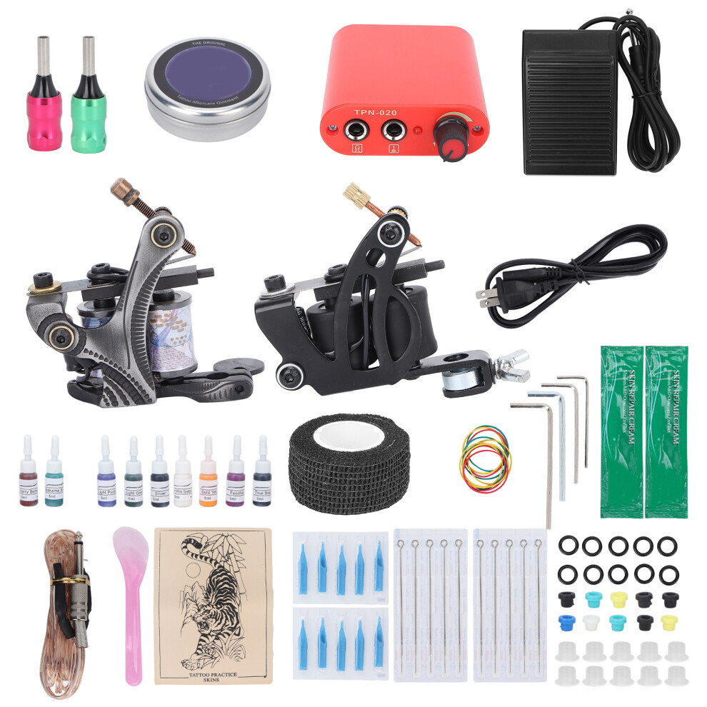 (US Plug) Tattoo Machine Kit Shader Liner Coil Starter 90-265V EU Plug