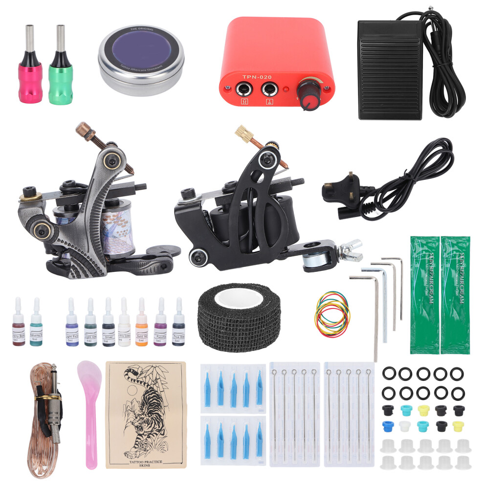 (UK Plug) Tattoo Machine Kit Shader Liner Coil Starter 90-265V EU Plug
