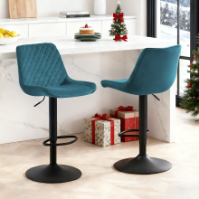 (Teal) 2pcs Velvet Bar Stools Swivel GasLift Chair