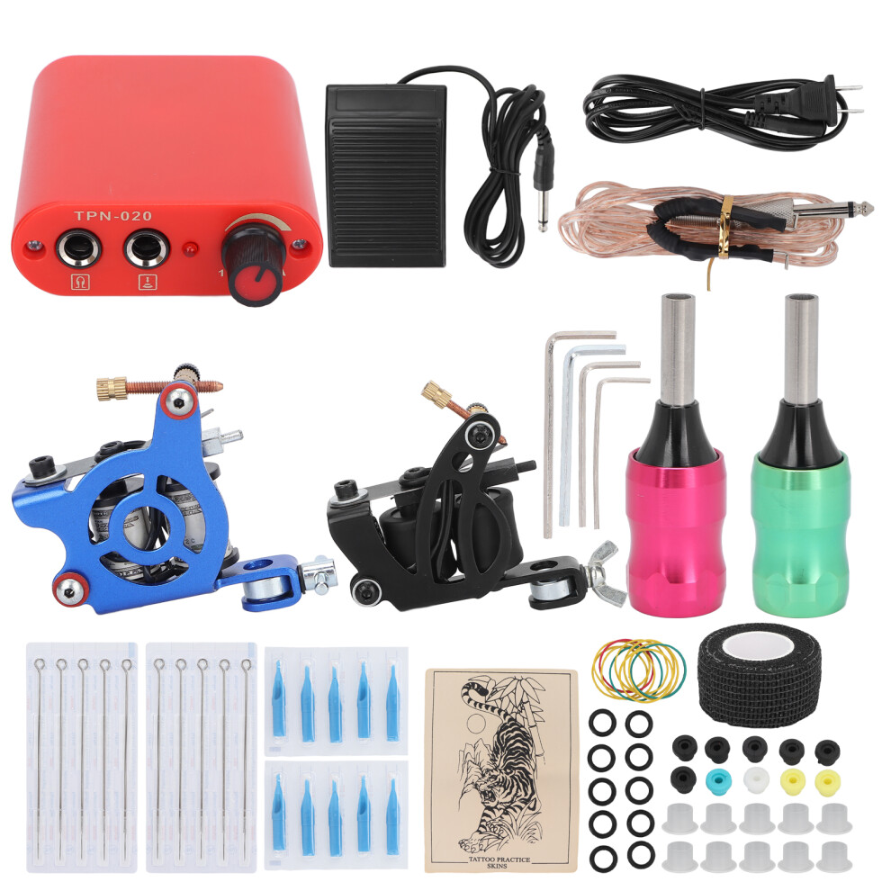 (US Plug) Tattoo Kit 10 Wrap Shader 8 Wrap Liner Coil Machine 90-265V EU Plug