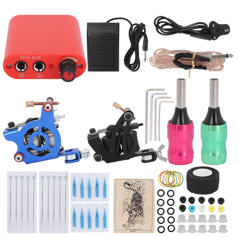 (UK Plug) Tattoo Kit 10 Wrap Shader 8 Wrap Liner Coil Machine 90-265V EU Plug