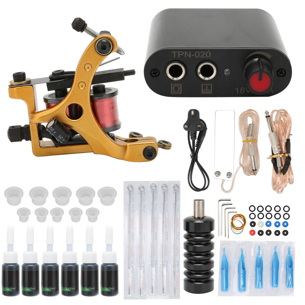 Light (Uk Plug) Tattoo Kit Coils Machines Needles 6 Inks Power Supply Foot Pedal