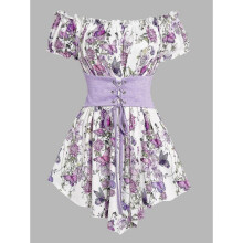 (XL, Light Purple0801) New Fashion Croset Style Off The Shoulder Corset Waist Plaid Women Top Fashion Hide Tummy Short Sleeve Tee For Summer