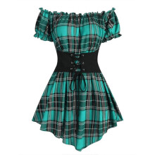 (M, Green2301) New Fashion Croset Style Off The Shoulder Corset Waist Plaid Women Top Fashion Hide Tummy Short Sleeve Tee For Summer