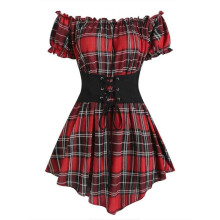 (XXL, Red2301) New Fashion Croset Style Off The Shoulder Corset Waist Plaid Women Top Fashion Hide Tummy Short Sleeve Tee For Summer