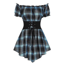 (XL, Blue2301) New Fashion Croset Style Off The Shoulder Corset Waist Plaid Women Top Fashion Hide Tummy Short Sleeve Tee For Summer