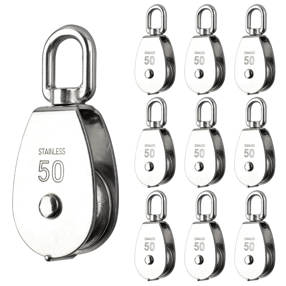 M50 Single Pulley Block 10 Pcs, 360-Degree Swivel Pulley, 304 Stainless Steel Hanging Wire Rope Pulley, Heavy Duty 9067246438210