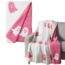 (130x150cm, half-fleece) Halloween Viral Pink Ghost Blanket Flannel Soft for All Seasons Blankets Kawaii Plush Cute Throw Blanket for Bedroom