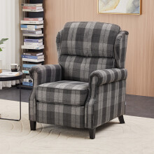 Grey Checkered Linen Upholstered Recliner Chair, Folding Footrest, Adjustable Backrest