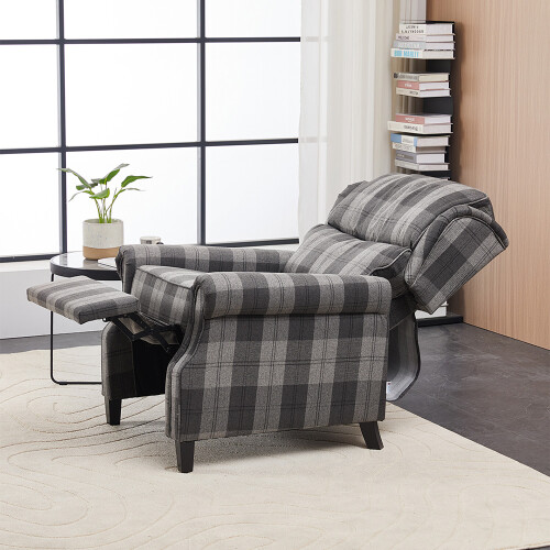 Living And Home Grey Checkered Linen Upholstered Recliner Chair, Folding Footrest, Adjustable Backrest 1