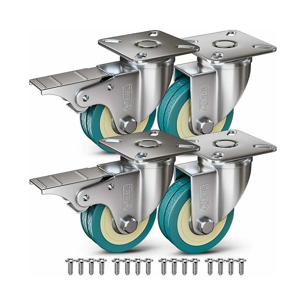 Kikidex (As Show, One Size) 4 Casters For Furniture 200Kg + 16 Screws, 50Mm Swivel Casters With Brake And Without Brake, Industrial Transport Plate Wheels