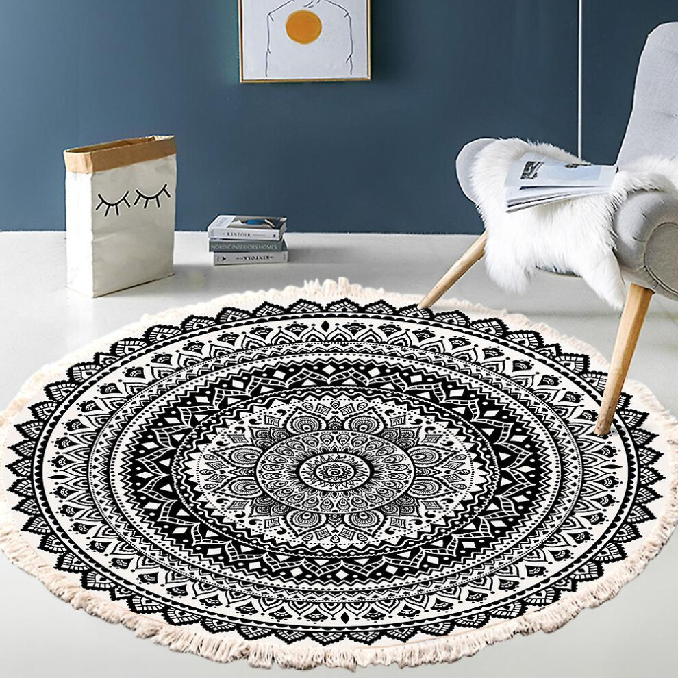 Kikidex (As Show, One Size) 120Cm Round Black Gray Cotton Bohemian Rug, Modern Mandala Floral Pattern With Tassels, Washable Rug For Living Room, Bedroom