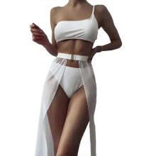 (M,WHITE)Women's Wrap Triangle Bikini Bathing Suits With Mesh Beach Skirt 3 Piece Swimsuits B (baifus)