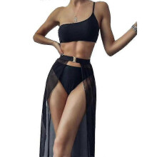 (S,BLACK)Women's Wrap Triangle Bikini Bathing Suits With Mesh Beach Skirt 3 Piece Swimsuits B (baifus)