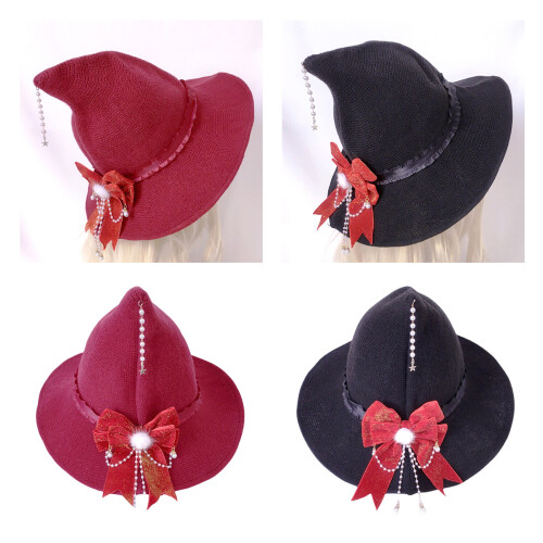 Punk Witch Cap Bowknot Tassels Wizard Hat Halloween-Black 2
