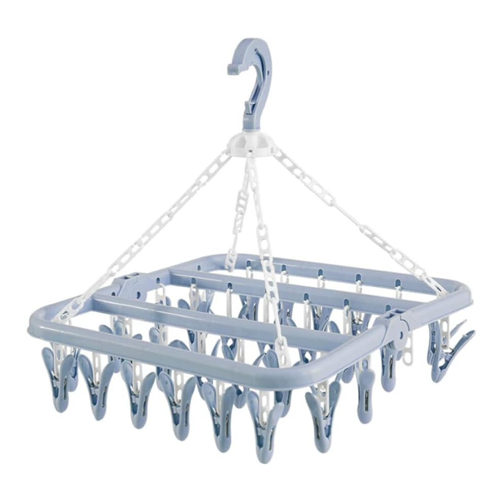 Steelfever Compact Clothes Hanger With 32 Clips - 360-Degree Rotating Hook Laundry Airer For Socks & Underwear, Foldable Indoor Dryer Rack, Blue