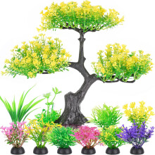 Arbre artificiel pour aquarium jaune avec ensemble de buissons colorés