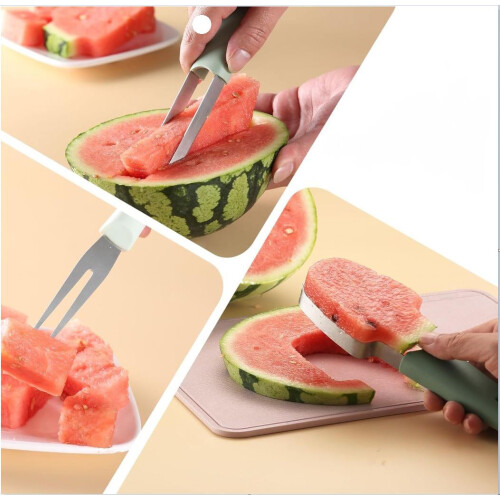 Coupe-pastèque melon couteau dénoyauteur fourchette 3en1 acier inoxydable 2