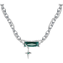 Chaîne Argent Unisexe avec Cristal Vert Tendance Élégant 26.5cm Cadeau