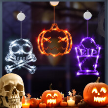 Halloween LED Window Lights Set - 3pc Pumpkin, Skull & Tombstone Hanging Decorations with Suction Cups & Timer
