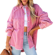 (Rose Red S) Denim Jacket Women Turn Down Collar Batwing Long Sleeve Purple M