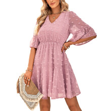 (Pink XL) V Neck Ruffle Dress Pink S