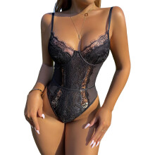 (Black M) Lace See Through Bodysuit Patchwork Women Body Leotard Black M