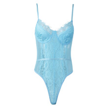 (Blue M) Lace See Through Bodysuit Patchwork Women Body Leotard Black M