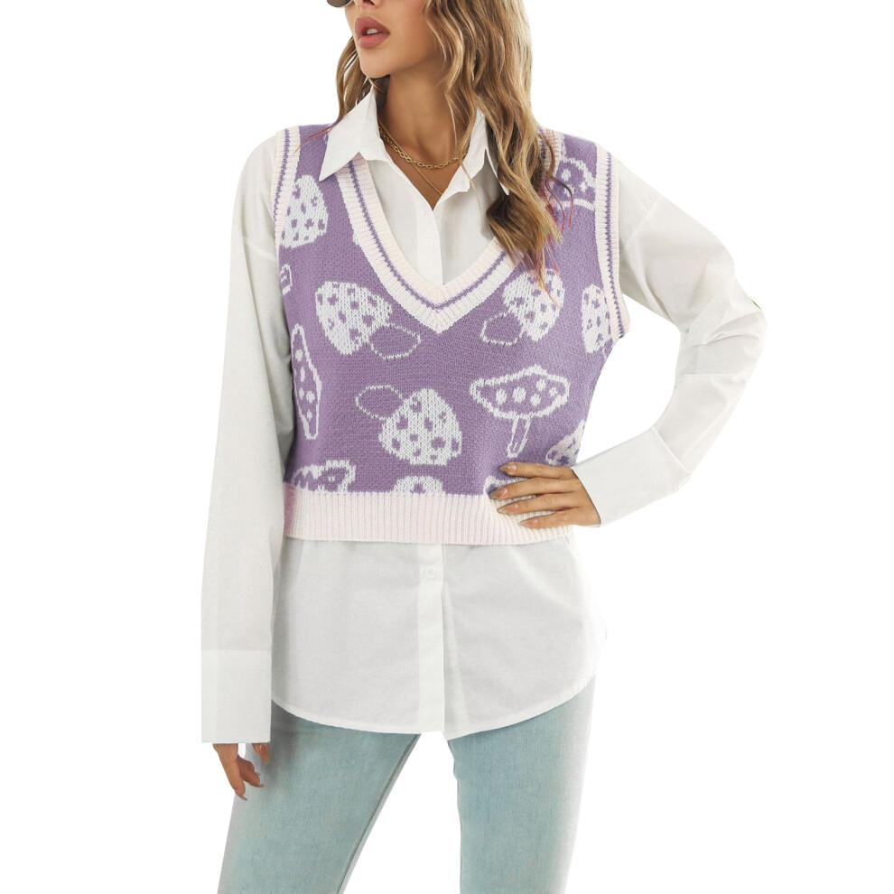 (Purple L) Mushroom Crop Sweater Vest V Neck Warm Light Green M-image-OPC-PMK9QZ9-NEW
