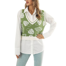 (Light Green S) Mushroom Crop Sweater Vest V Neck Warm Light Green M
