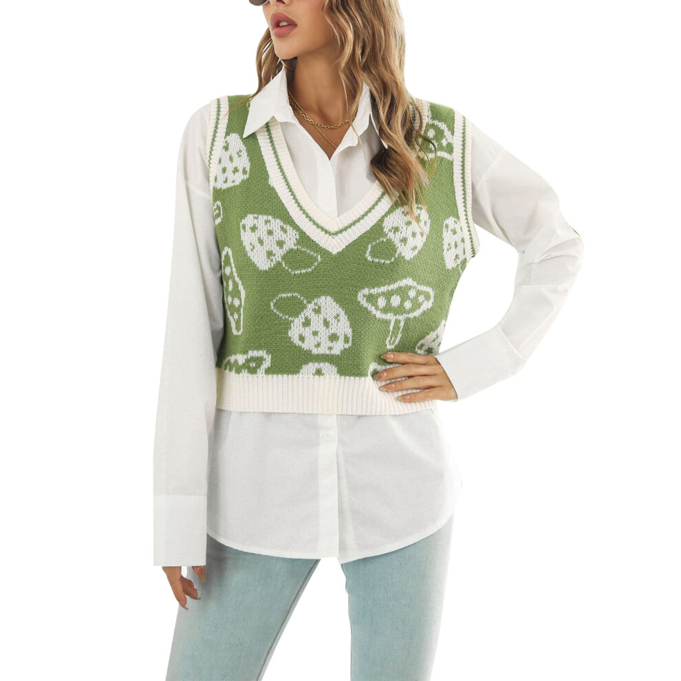 (Light Green S) Mushroom Crop Sweater Vest V Neck Warm Light Green M-image-OPC-PMK9QZD-NEW