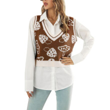 (Coffee S) Mushroom Crop Sweater Vest V Neck Warm Light Green M