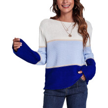 (Blue L) Women Long Sleeve Striped Boat Neck Pullover Blue L