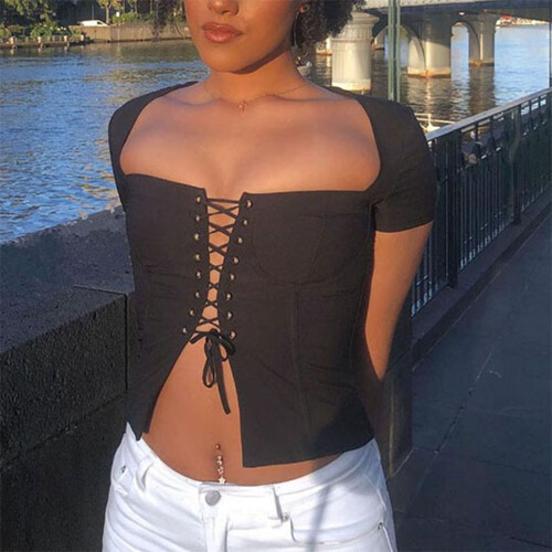 (Black M) Lace Up Shirt Drawstring Front Black M 2