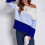 (Blue L) Women Long Sleeve Striped Boat Neck Pullover Blue L 2