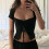 (Black M) Lace Up Shirt Drawstring Front Black M 4