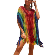 (Rainbow Free Size) Swimwear Cover Up V Neck Tassel Hem Polyester Free Size