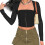 (Black L) Hook Eye Top Long Sleeve Panel Mesh Square Neck Slim Fit White M 1