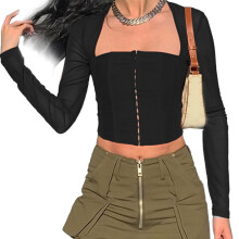 (Black S) Hook Eye Top Long Sleeve Panel Mesh Square Neck Slim Fit White M