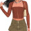 (Brown L) Hook Eye Top Long Sleeve Panel Mesh Square Neck Slim Fit White M 1