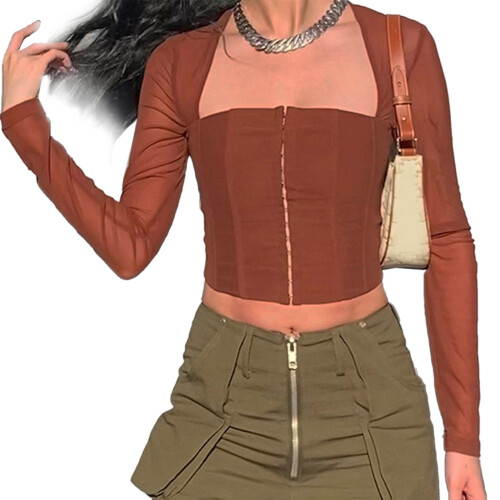 (Brown L) Hook Eye Top Long Sleeve Panel Mesh Square Neck Slim Fit White M