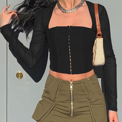 (Black S) Hook Eye Top Long Sleeve Panel Mesh Square Neck Slim Fit White M 1