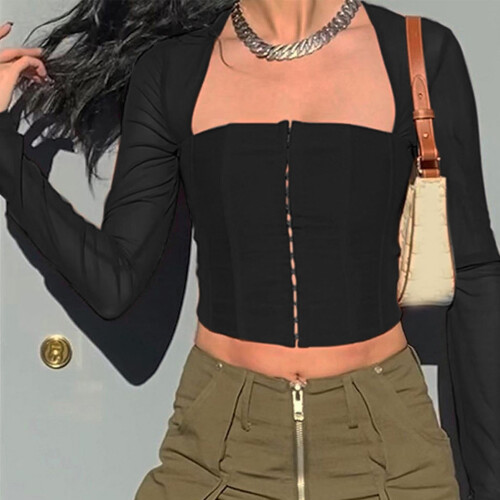 (Black S) Hook Eye Top Long Sleeve Panel Mesh Square Neck Slim Fit White M 2