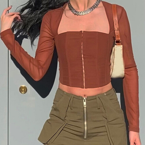 (Brown L) Hook Eye Top Long Sleeve Panel Mesh Square Neck Slim Fit White M 1