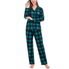(Dark Green WOMEN M) Christmas Pajamas Kit Dark Green Grid Print 3-4Y