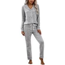 (Grey L) Women Pajamas Set V Neck Turn Down Collar Pure Color Drawstring Pink S
