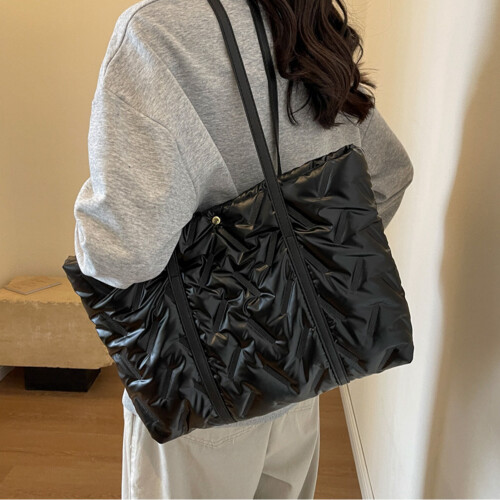 (Black One Size) Puffer Down Bag Padded Quilted Single Shoulder Champagne One Size 2