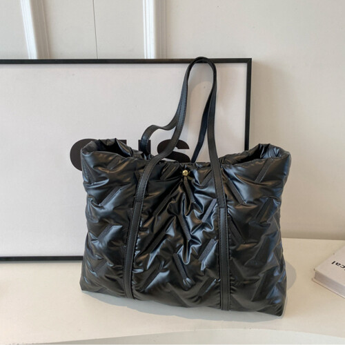 (Black One Size) Puffer Down Bag Padded Quilted Single Shoulder Champagne One Size 1