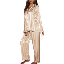 (Champagne L) Pajama Set Long Sleeve Striped Trim Soft Loose Pink M